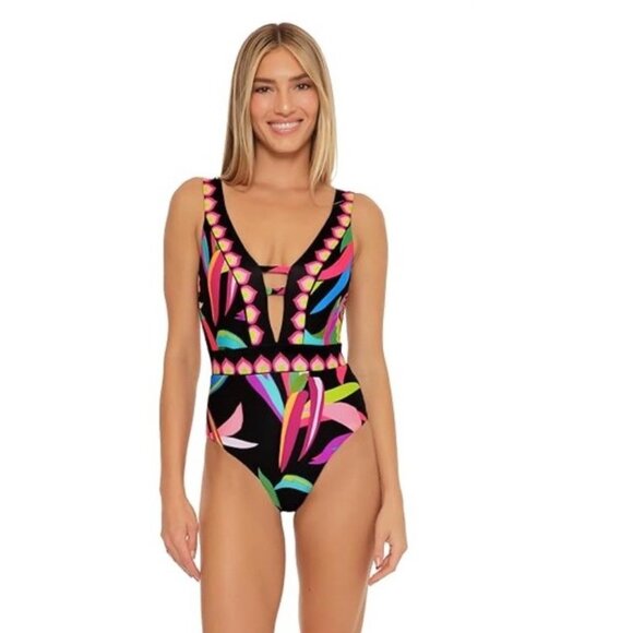 Trina Turk Birds of Paradise One Piece Swimsuit 6 Plunge Neck Floral Print Black